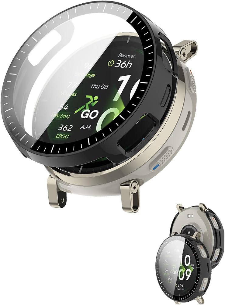 Amazfit Active 3 프리미엄 케이스, NOUKAJU 보호 커버 스마트워치, 내장 9H 강화 유리 필름, 하드 PC, 쉬운 설치, Amazfit Active 3 프리미엄용 액정보호필름(블랙) — 사진 1