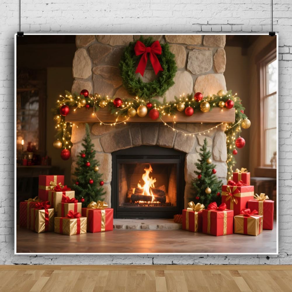 Christmas Fireplace Backdrop 12x10ft Vintage Stone Fireplace Christmas Photo Backdrop Photography Background Xmas Birthday Party Decorations Family Portrait Photoshoot Studio Photo Props