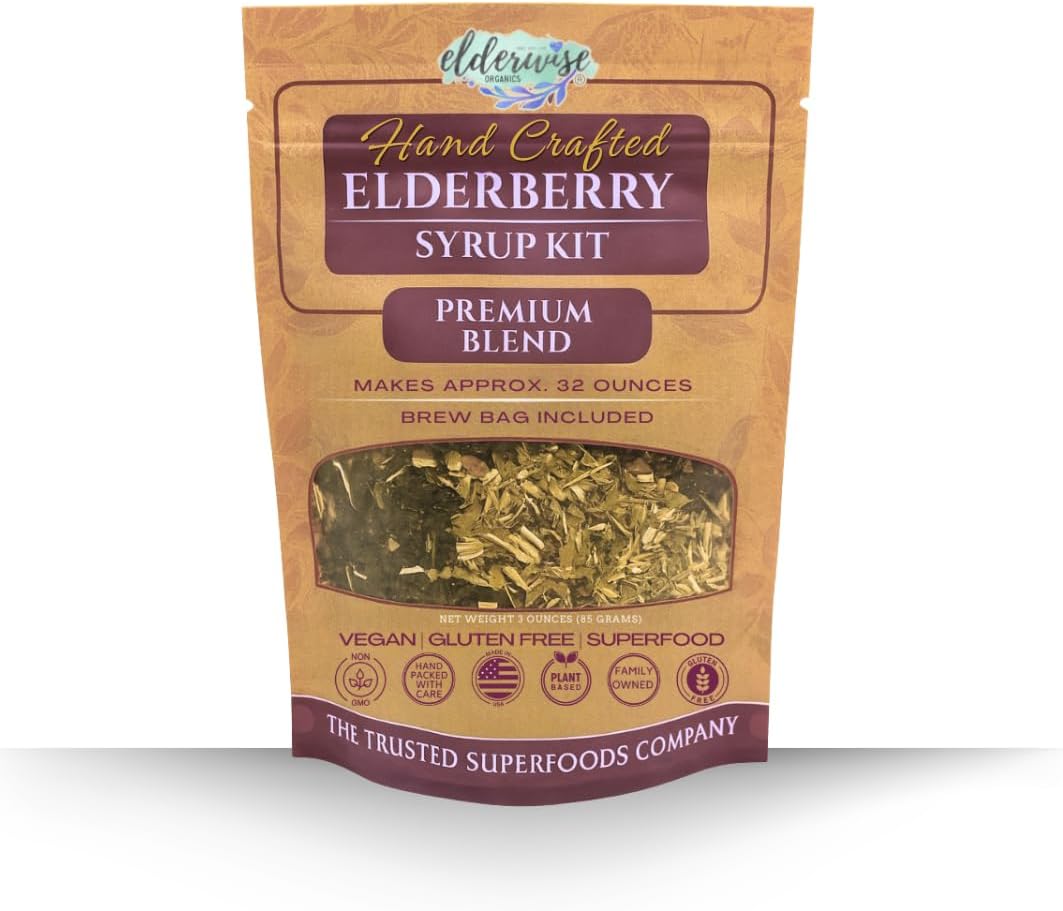 Elderwise Organic Elderberry Syrup Kit - Easy to Use, DIY Elderberry Syrup Making Kit with Elderberries ,Rosehips, Ginger, Echinacea, Cinnamon, and Cloves, Makes 32oz of Syrup, Brewing Bag Included