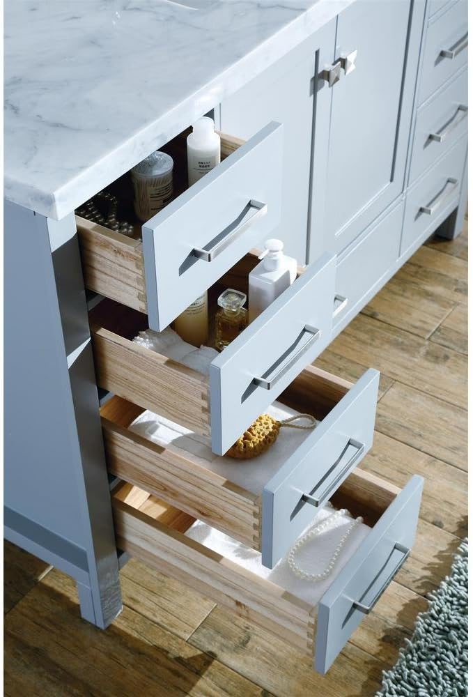 ARIEL Cambridge A043S-L-VO-GRY 43" Inch Single Left Offset Oval Sink Solid Wood Grey Bathroom Vanity with 1.5" Inch Edge White Carrara Marble Countertop
