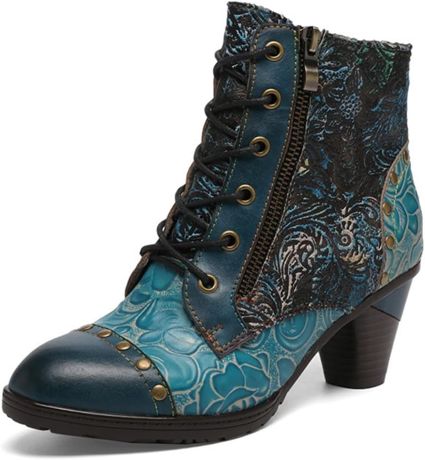 SOCOFY Womens Ankle Boots Leather Block Heel Bohemian Leather Boots, Blue, 40 EU