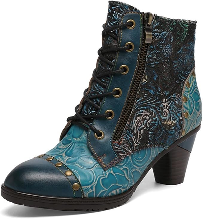SOCOFY Womens Ankle Boots Leather Block Heel Bohemian Leather Boots, Blue, 40 EU
