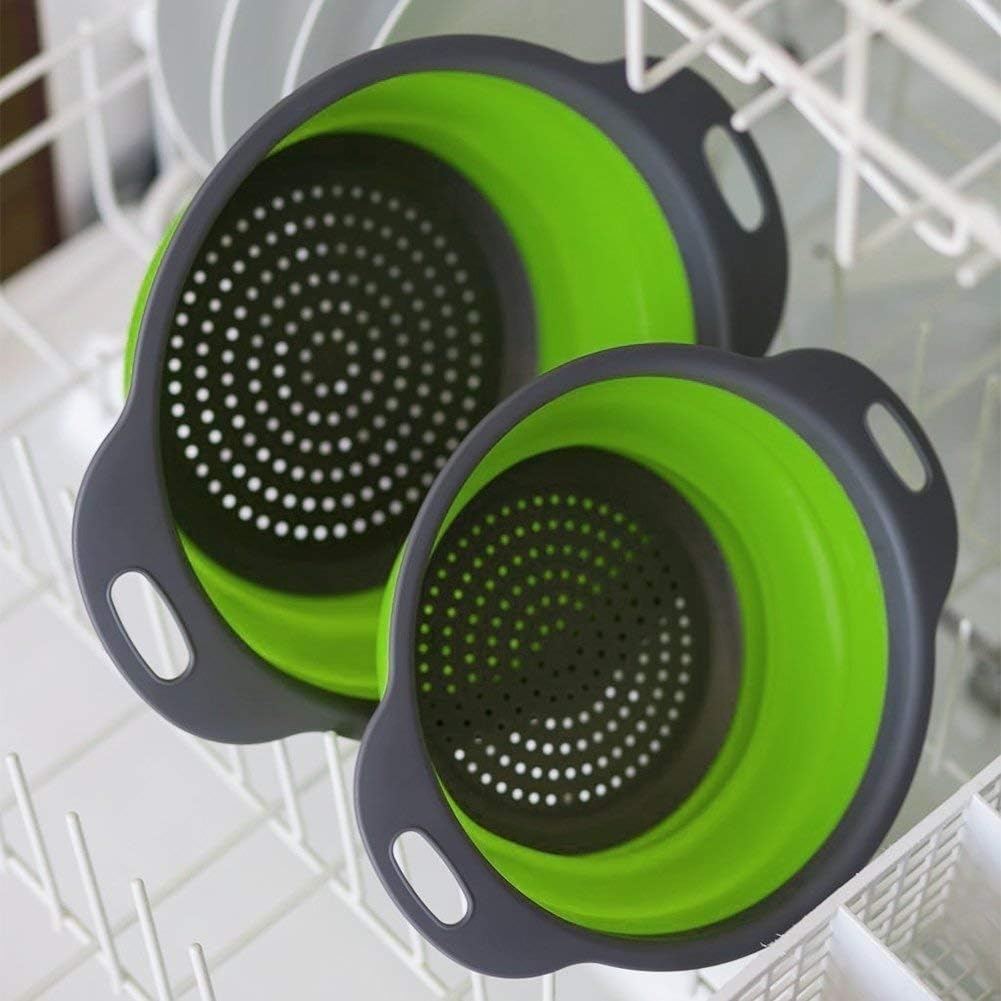 Foldable Kitchen Colander, Silicone Strainer for Vegetables Fruits Pasta, Collapsible Drainer with Handle, Ideal for Dishwasher Safe & Food Grade Use (Green)