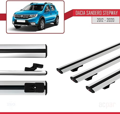 Miniatura 3 de Compatible with Dacia Sandero Stepway 2 2012-2020 Basic Model Universal Cross Bar Car Top Luggage Carrier Rails Roof Racks Grey Aluminium 3 Bars