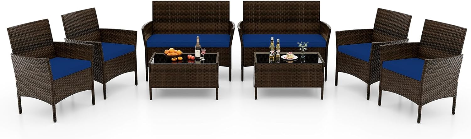 RELAX4LIFE 8-Piece Patio Furniture Set - Rattan Outdoor Conversation Bistro Set w/Cushions, Glass Coffee Table, Wicker Chairs & Loveseat for Garden Backyard Porch, Balcony Furniture Set (2, Navy)