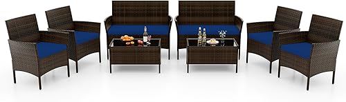 Miniatura 26 de RELAX4LIFE Juego de muebles de patio de 4 piezas – Juego de muebles de ratán para conversación al aire libre con cojines, mesa de centro de cristal