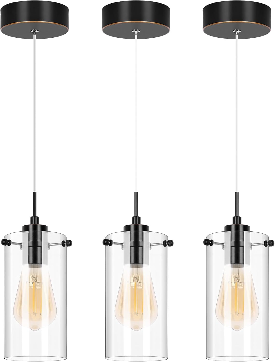 Pendant Light Fixtures with Black Farmhouse Chandelier Clear Glass Cylinder, 6W 810LM 2700K Island Lights for Kitchen, Pendant Lights Kitchen Island Decor, 3 Pack