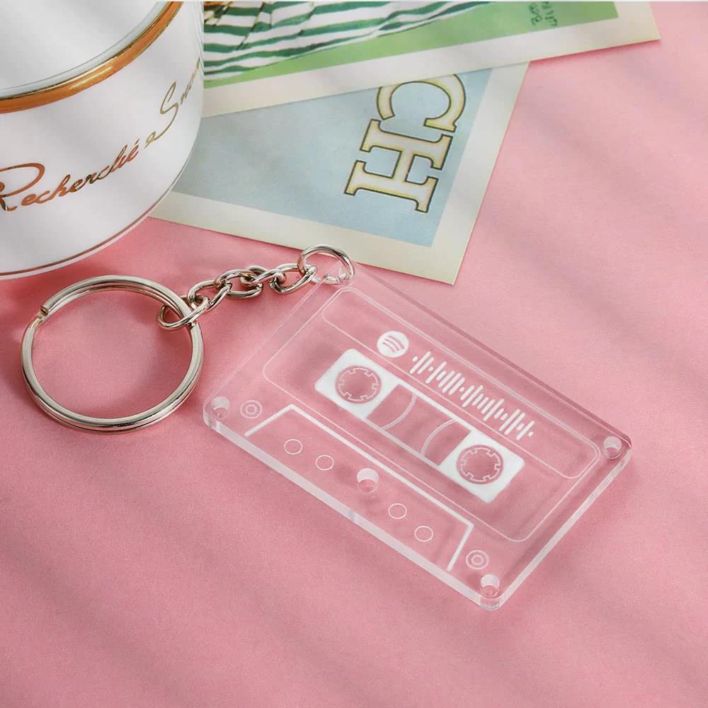 WEHATKE Acrylic Cassette Shape Spotify Keychain Retro Music Tape Style Clear Laser Engraved Key Ring Gift for Boys Girls Friends Couples Birthday Valentine Stylish Durable Collectible Key Chain 1