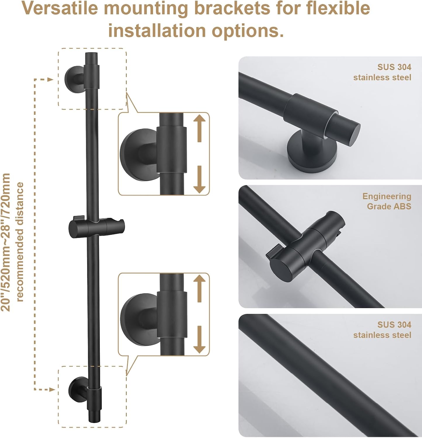 Adjustable 30-Inch Shower Slide Bar with 5-Function Handheld Shower Head, Stainless Steel Wall Mount Shower Slide Bar Set with Extra Hose (Matte Black) image 5
