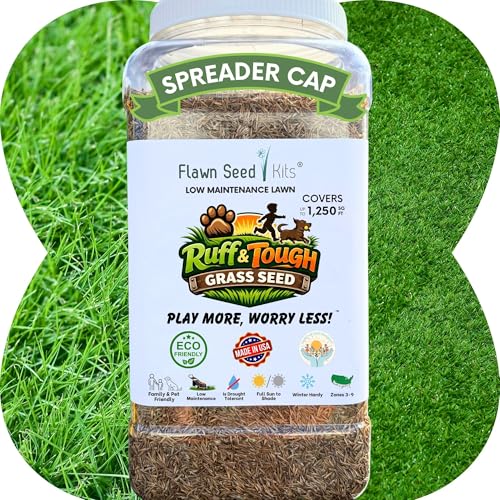 Flawn Seed Kits Ruff and Tuff Mow Less Fine Fescue Grass Seed, 2 Lbs, Durable Lawn, Shake to Spread, Covers up to 1000 SqFt