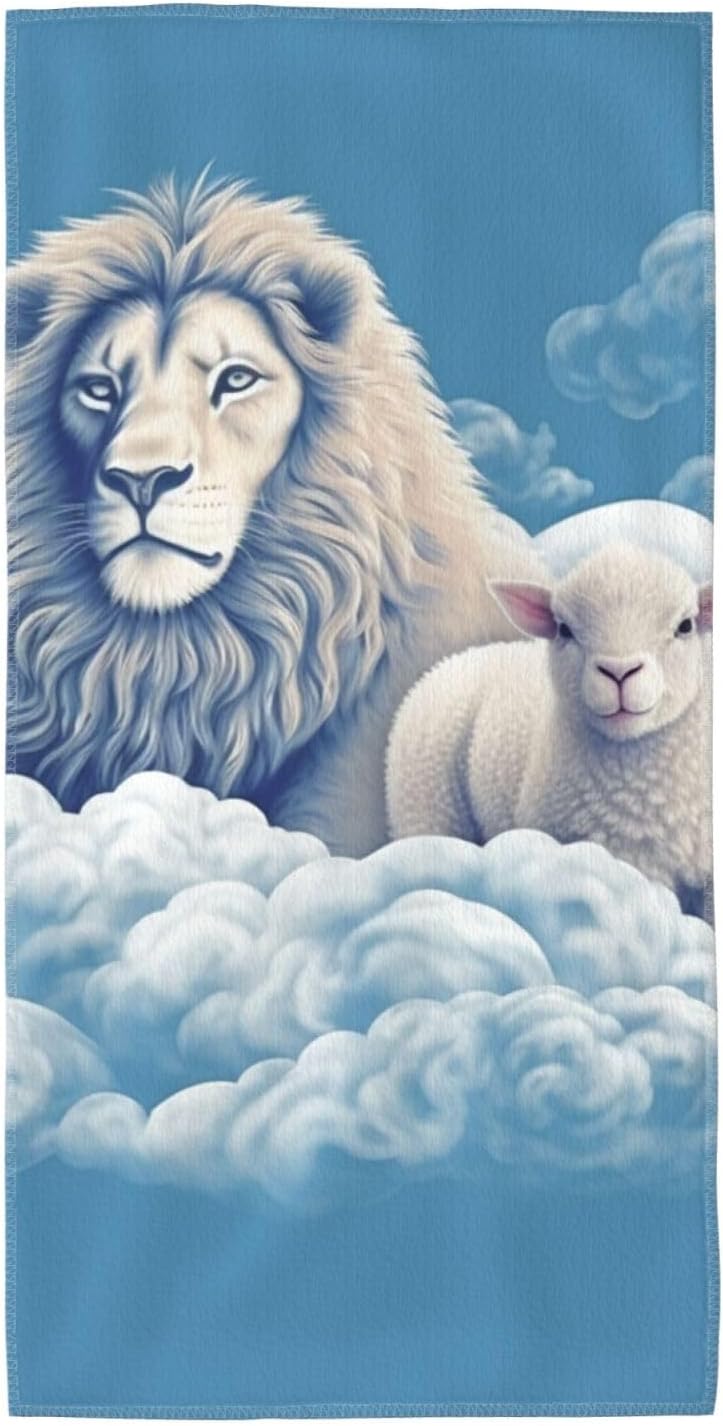 Lamb with A Lion Hand Towels for Bathroom, Soft Absorbent Bath Towels Decorative Guest Towel Microfiber Face Towel 13.8″X27.5″ Kitchen Dish Towels for Home Hotel Gym Spa Yoga