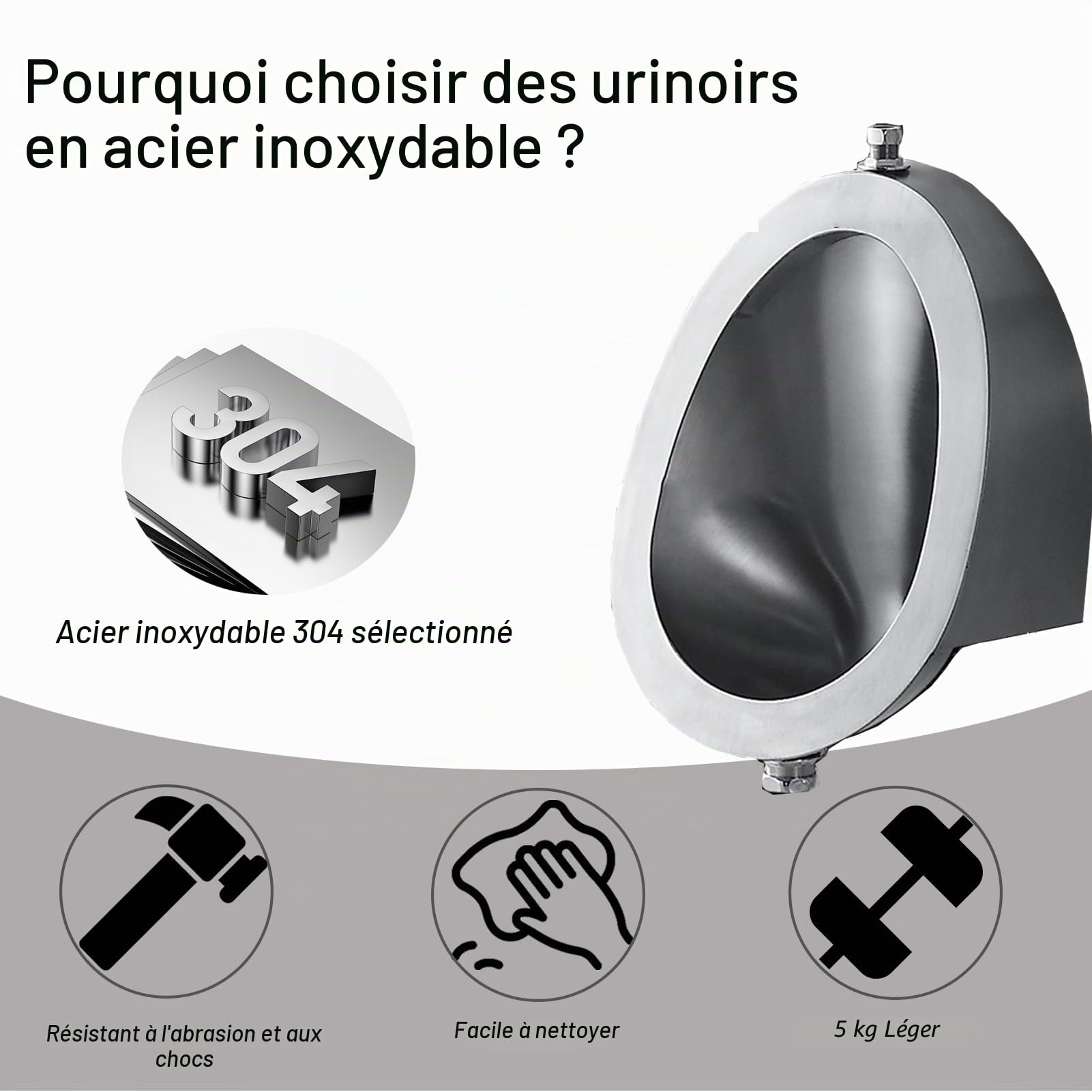 Urinoir en Acier Inoxydable 304, Urinal Homme pour Adultes à Usage Domestique/Commercial, WC Suspendu Toilettes pour à Chasse d'eau Intelligente Capteur