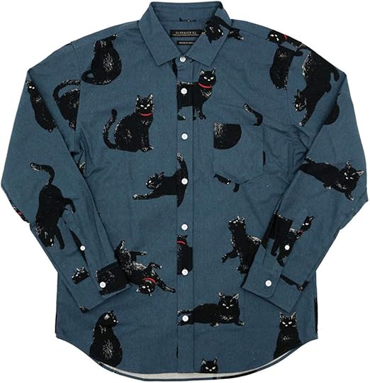 日本製 ねこ柄 プリント 綿麻シャツ 黒猫 ネコ 総柄 柄シャツ 長袖 ブルー M ブルー シャツ 通販