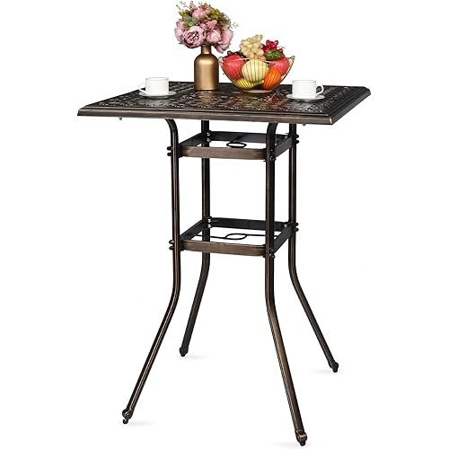 VINGLI Cast Aluminum Patio Bar Table, 42" Height High Top Outdoor Bar Table with Umbrella Hole, Pub Height Bistro Square Table for Paito Lawn Garden
