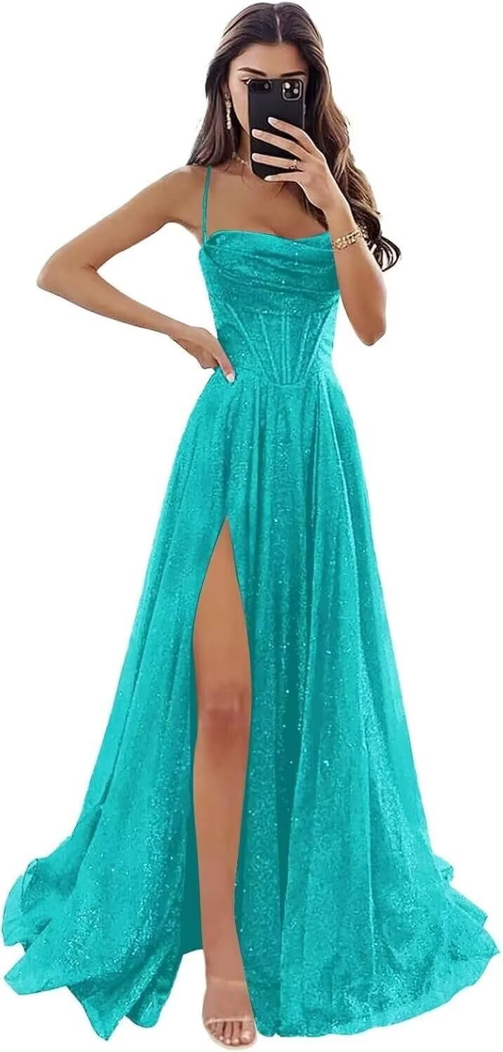 FoinLuve Glitter Sequin Prom Dresses for Women 2025 Long Cowl Neck Sparkly Corset Formal Evening Gowns with Pockets