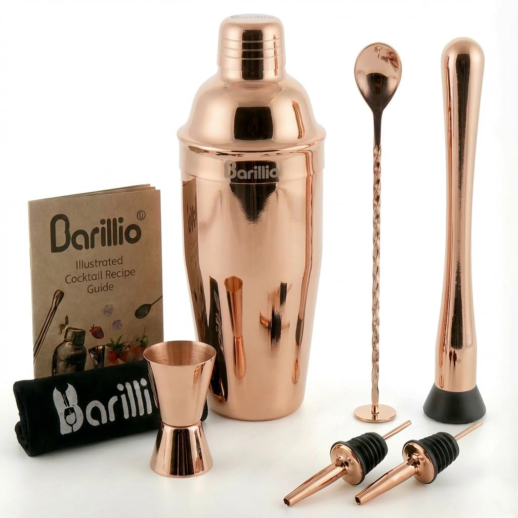 Barillio Rose Gold Mixology Bartender Kit - 8 pcs Stainless Steel Travel Cocktail Shaker Set with Bag - Copper Bar Tools Set | Martini Shaker, Drink Mixer Spoon & Mojito Muddler, Pourers & Jigger