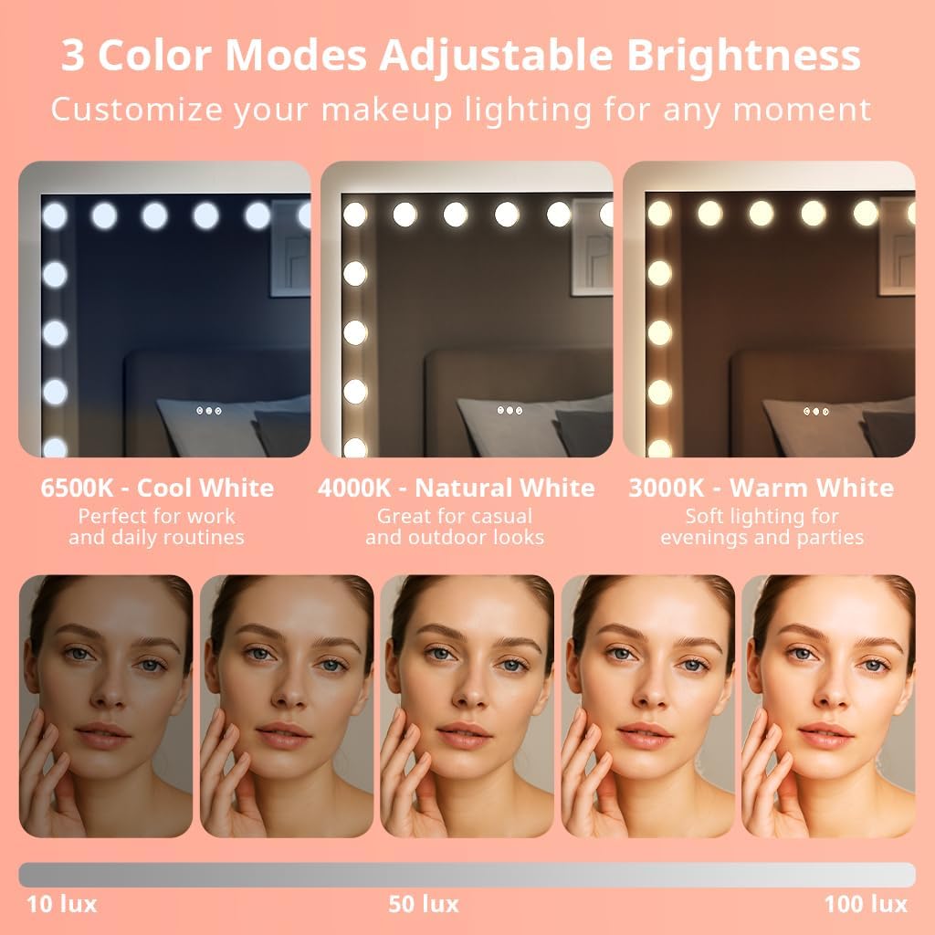 COMHOMA Vanity Desk with Large Mirror,15 LED Bulbs and Power Outlet,Makeup Table with 9 Storage Drawers and HD Mirrors,3 Color Modes Adjustable Lighting for Bedroom Dressing Room (White, 47inch)