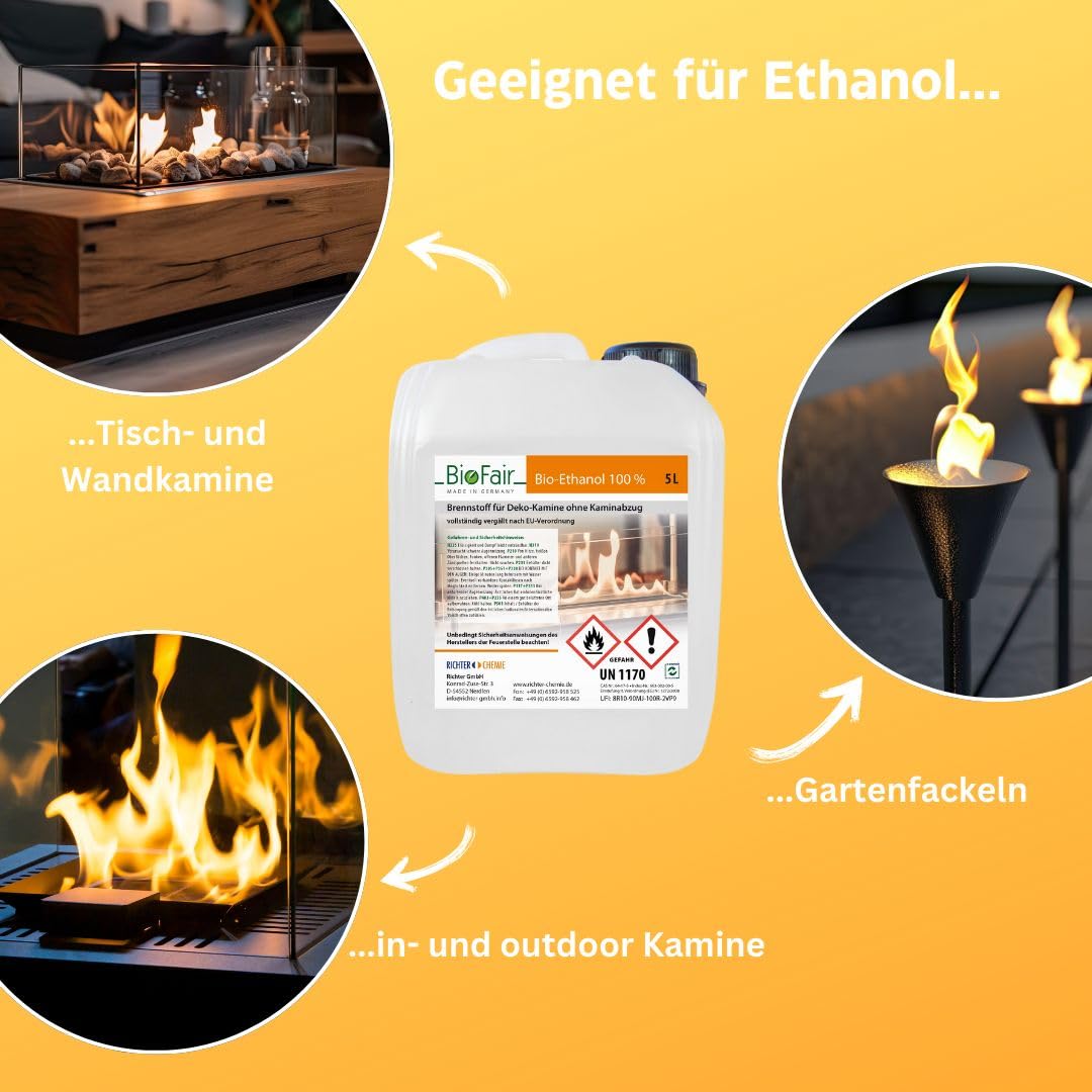 10 Liter (2 x 5L) Bioethanol 100% in geprüfter Premium Qualität für Bioethanolkamin, Ethanol Tischkamin, Wandkamin