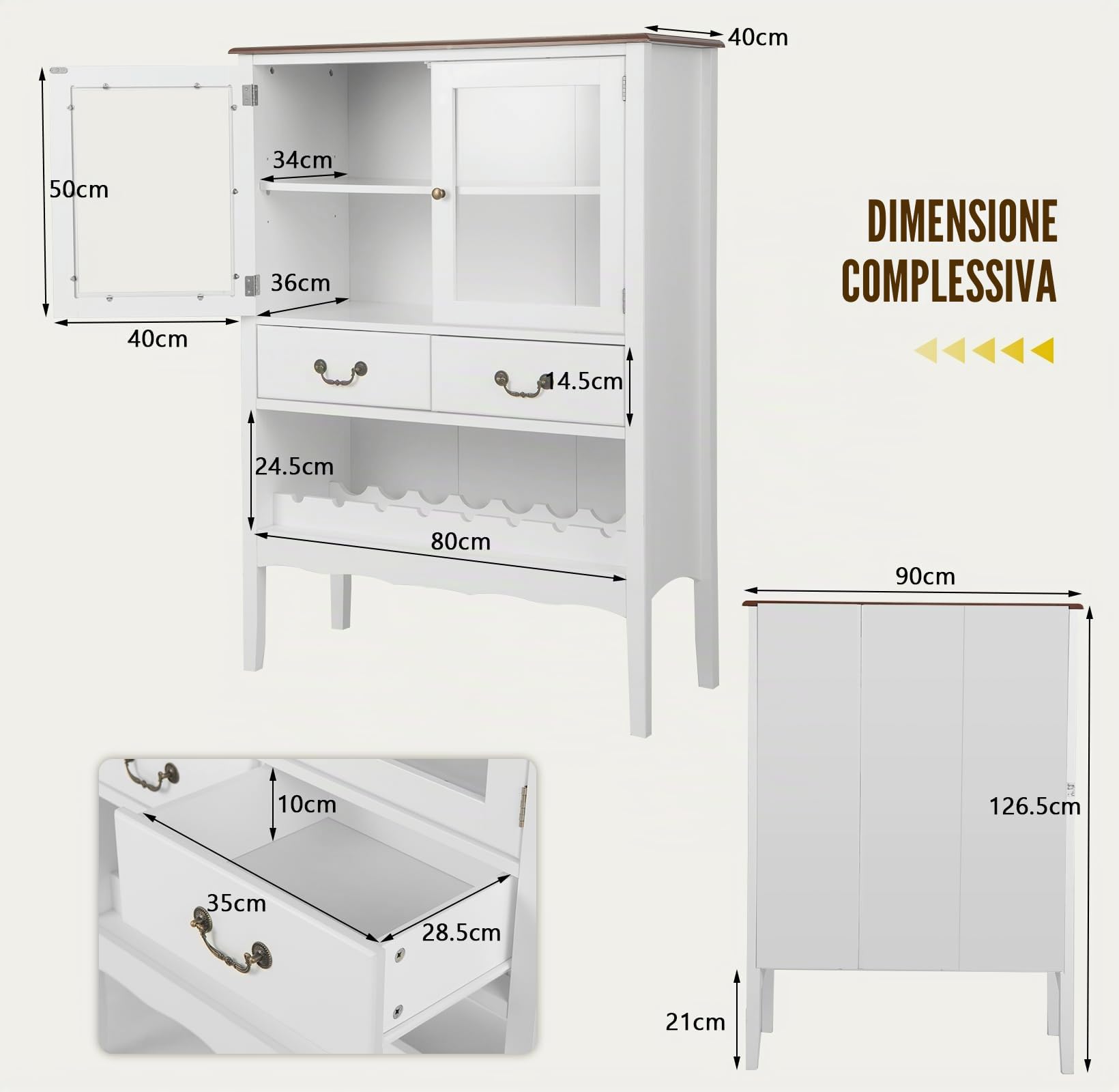 KOMFOTTEU Mobile per vino, credenza con ante, cassetti con maniglia e cantina per vino, cantina moderna, 90,5 x 38 x 126 cm, per cucina, sala da pranzo, bar, SE09334FQDE