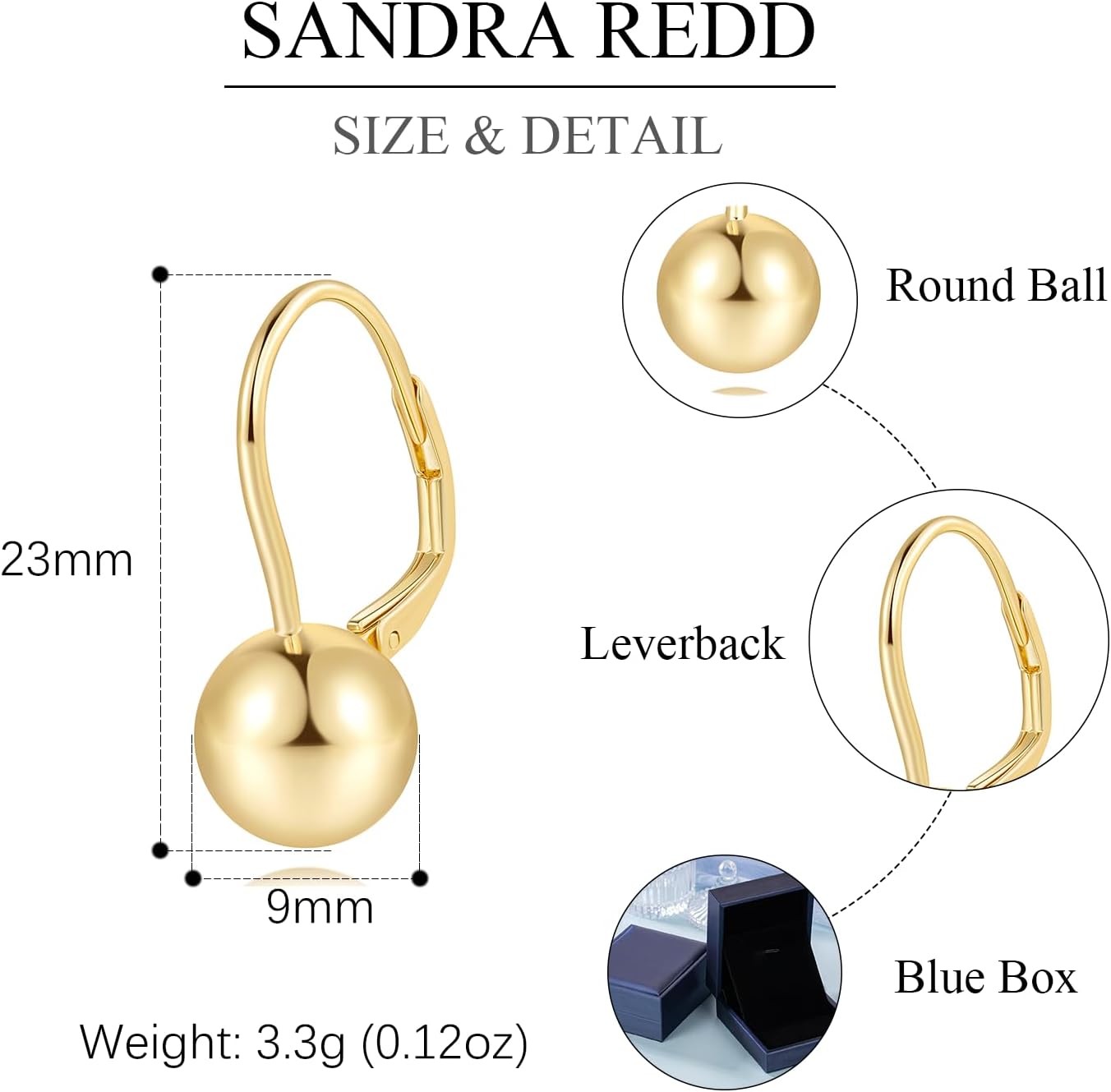 SANDRA REDD Gold Earrings for Women 14K Gold Hoop Earrings for Women Leverback Ball Dangle Drop Earring for Womens Chic Bold Sphere Dainty Womens Hoop Leverback Earring
