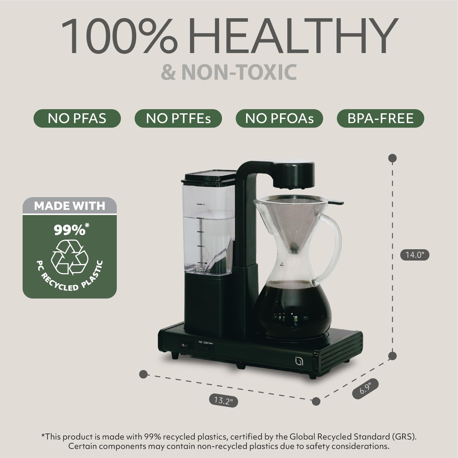 WILLOW Cafetera de goteo de 10 tazas, cafetera automática con jarra de vidrio y función de apagado automático, adecuada para café caliente y helado, cafetera ecológica hecha con 99% de plásticos