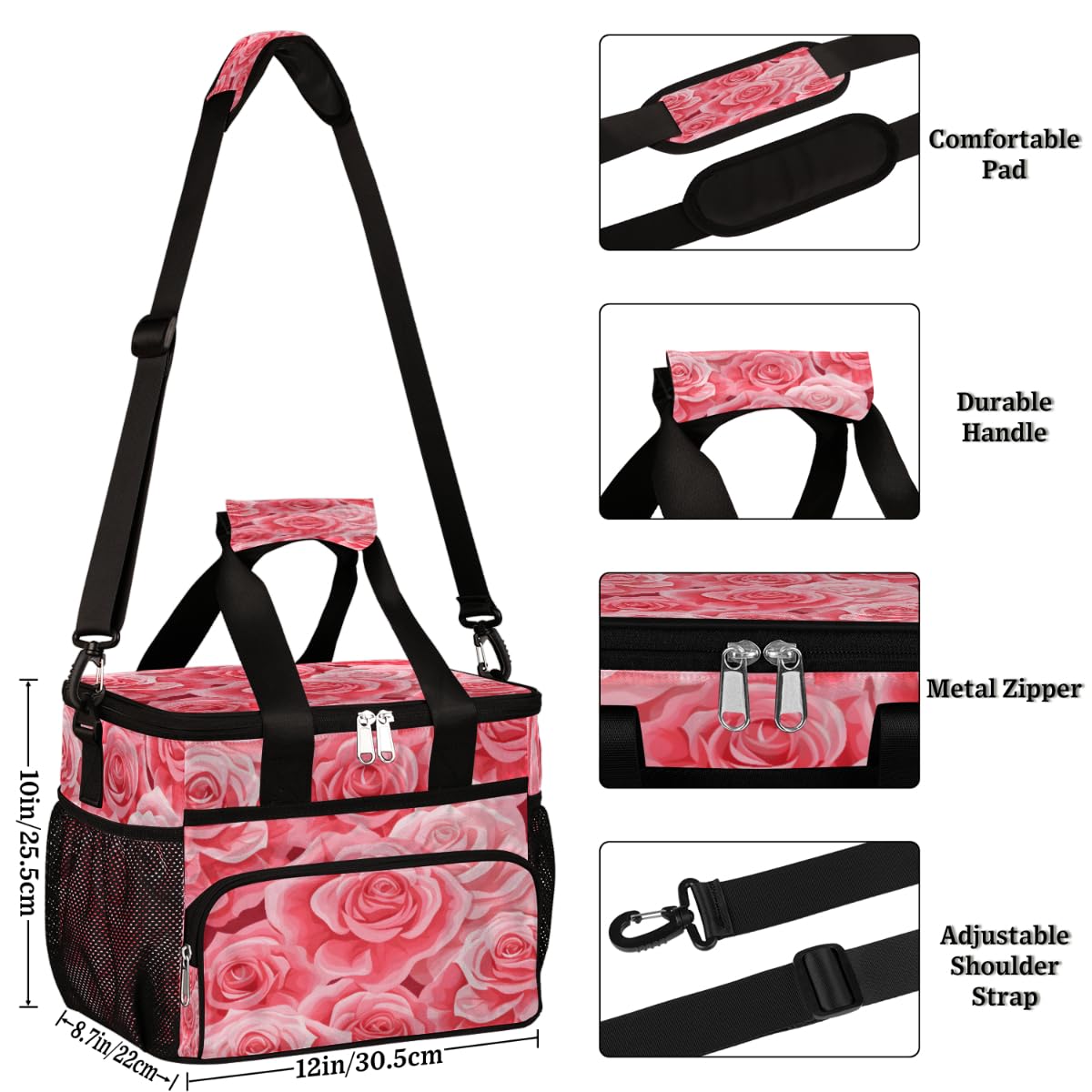 Valentine's Day Insulated Picnic Backpack Lunch Box for Women Men Picnic Basket Tote Lunch Bag Picnic Bag Portable Lunch Bags for Picnic, Beach, Work, Trip,Office, Camp Roses Pinks