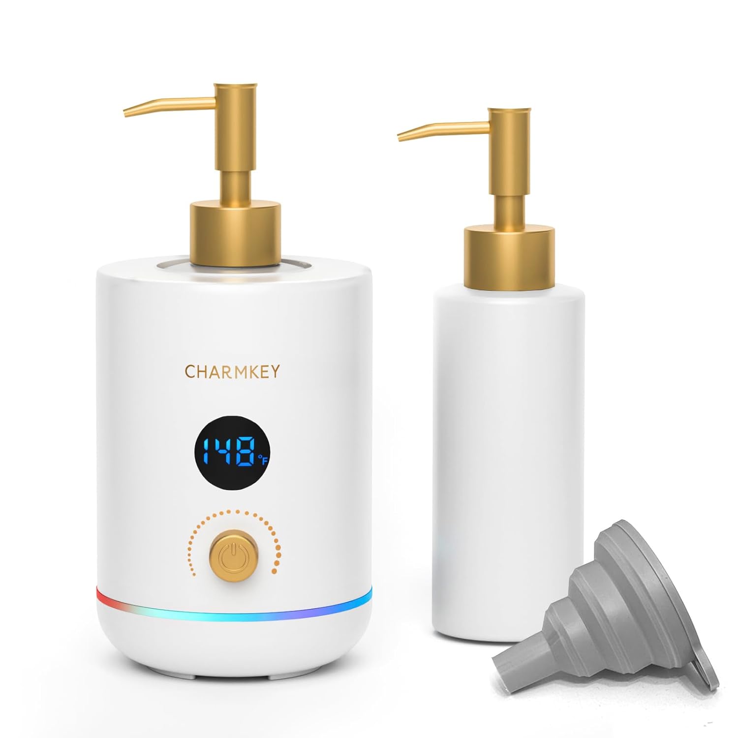 CHARMKEY Massage Oil Warmer White, 2 Oil Bottle Dispensers & 2 Silicone Funnels, Digital Heater for SPA, Oil Lotion Cream for Salon, Barber Shops, Home, Automatic Lotion Warmer