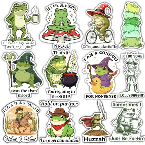 BAVAHA (12pcs-3in) Funny Frog Stickers Packs Wizard Frog Meme I Have To Say Weird Stuff Or I Die Youre Going The Soup Office Humor Decor Sarcastic Humorous Vinyl Decal Decor Car Water Bottle Laptop