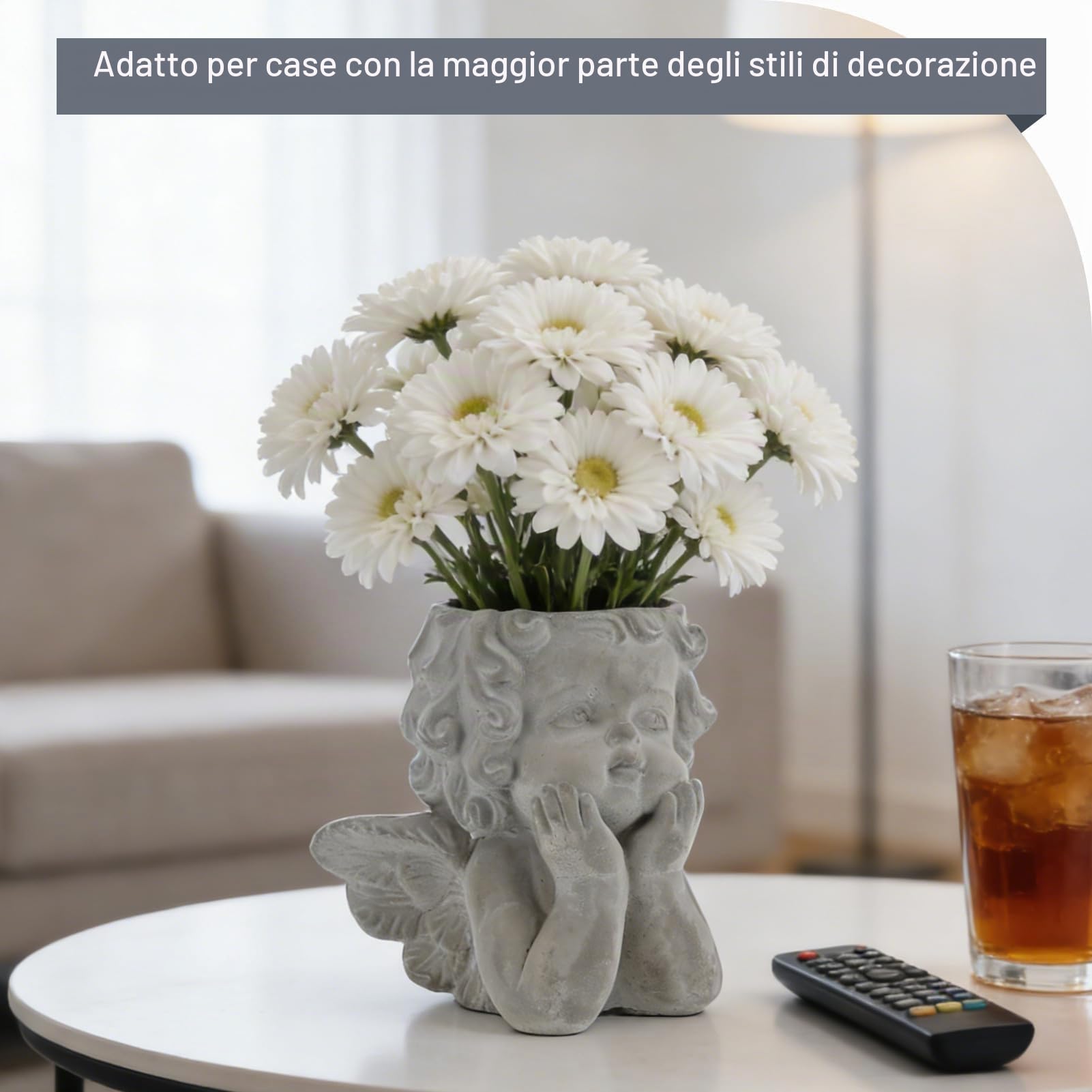 HERCHR Vaso a Forma di Testa d'Angelo, Elegante vaso da fiori in cemento per piante grasse, piante finte, Soprammobile Vintage Dipinto a Mano
