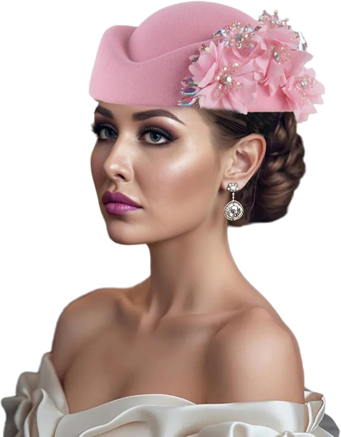 TiaoBug Women Flower Rhinestones Fascinators Pillbox Hat Cocktail Tea Party Headwear Felt Beret