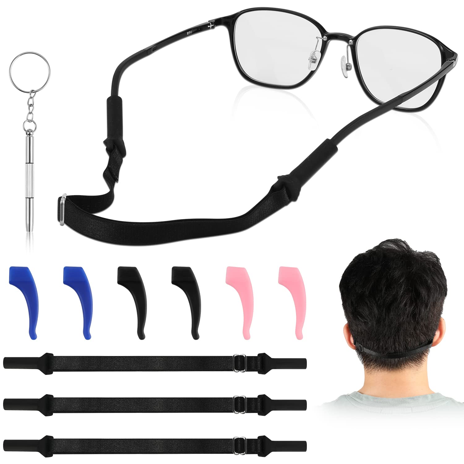 KINBOM1 Set Glasses Straps Adjustable Eyeglass Retainer Glasses Non-slip Sport Glasses Band Sunglasses Strap No Tail Glass Strap Glasses Holder Glasses Hook for Men and Woman