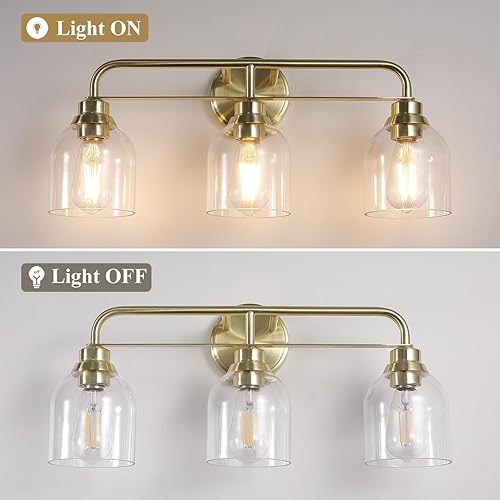 Miniatura 7 de 3 luces doradas claras para tocador de baño, lámparas de baño sobre espejo con pantalla de vidrio transparente, enchufes E26 de cerámica montados en