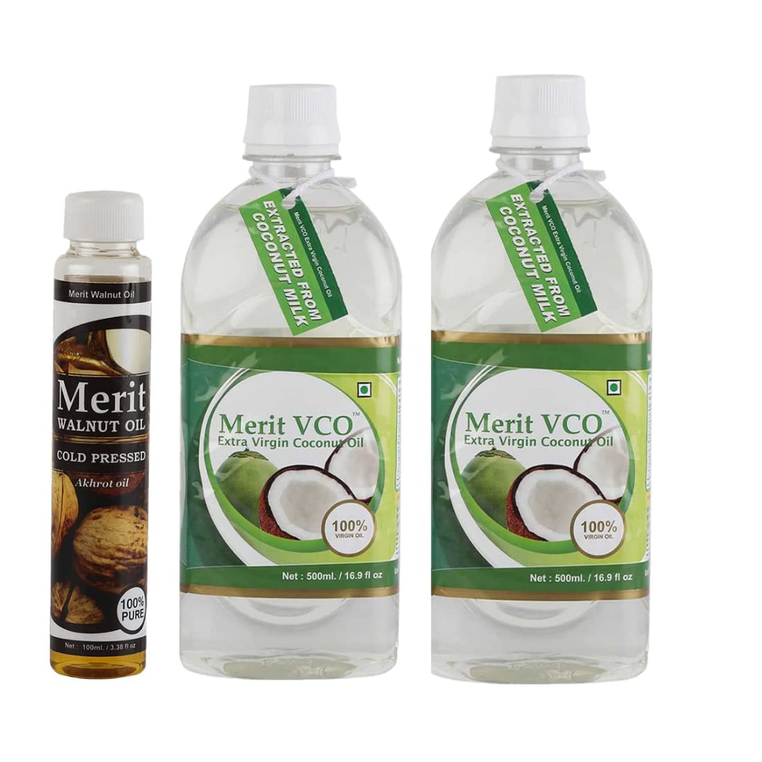 Merit VCO Extra Virgin Coconut Oil With Walnut Oil Cold Pressed 100% Pure Plastic Bottle Pack of 3