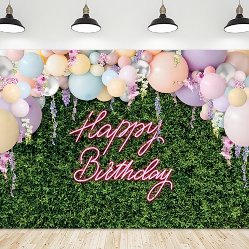 Riyidecor Green Leaves Happy Birthday Backdrop Polyester Fabric for Women Girls Neon Balloons Flower Wall Spring 7Wx5H Feet Rustic Plant Botanical Photography Background Birthday Photo Studio Shoot