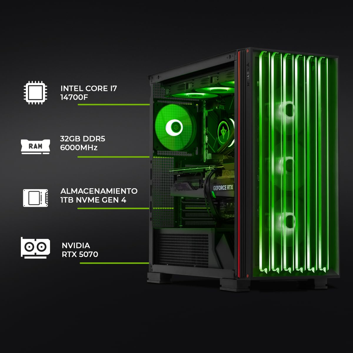 YEYIAN PC Gamer Mirage X | Intel Core i7-14700F 20 Cores up to 5.4 GHz | NVIDIA GeForce RTX 5070 12GB GDDR7 | 32GB DDR5 6000MHz | SSD 1TB NVMe Gen4 | Win 11 Pro