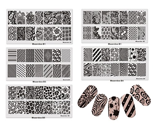 Mezerdoo 5pcs Panda Unicorn/Mermaid Pattern Nail Stamping Template Negative Space Geo Flower Stamp Nail 126cm Nail Stamping Plate (Mezerdoo B1-B5)