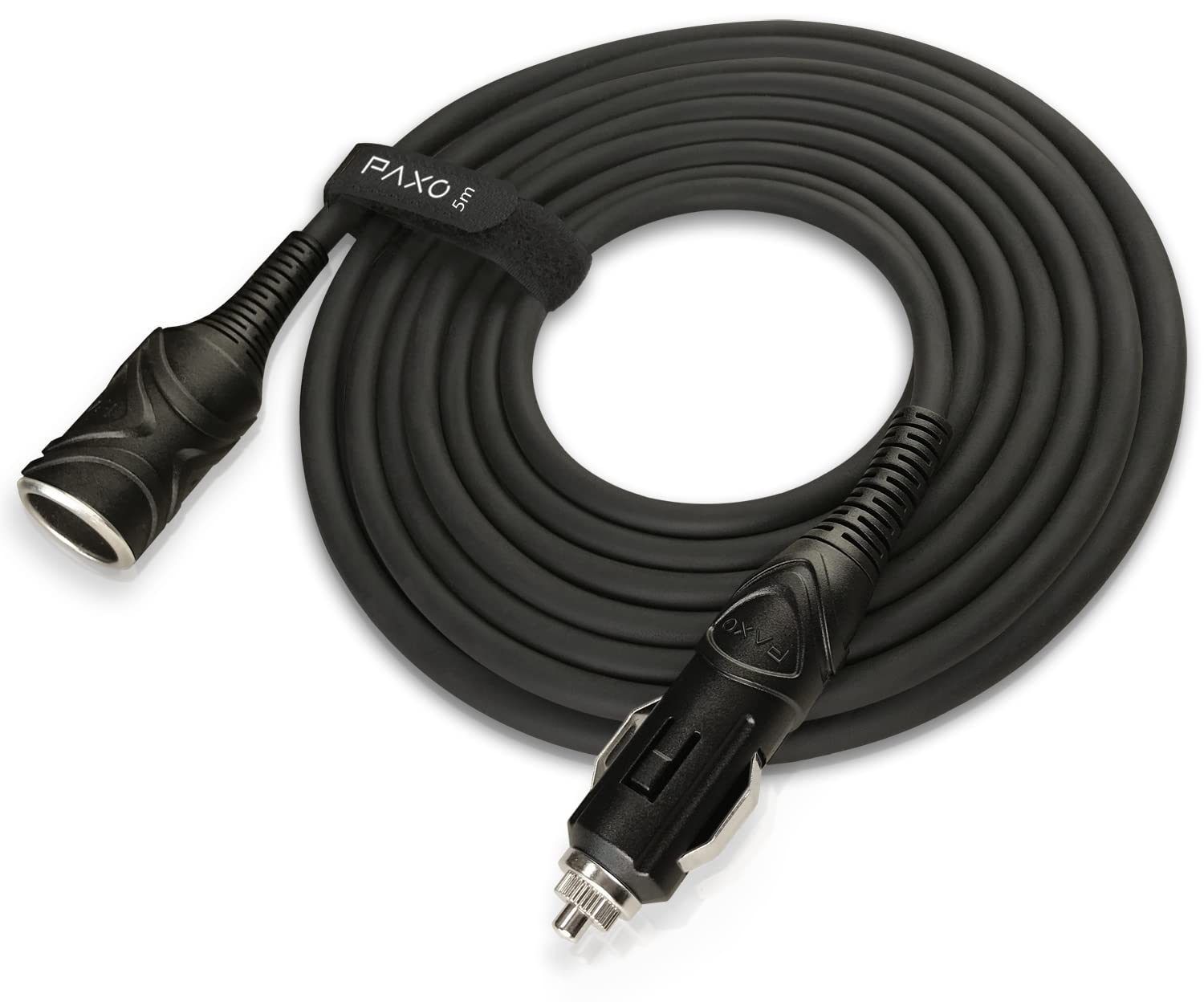 PAXO 5m de câble de rallonge KFZ 12V, rallonge, fusible 15A, câble en caoutchouc solide avec fiche et prise, ruban auto-agrippant, pour prise allume-cigare