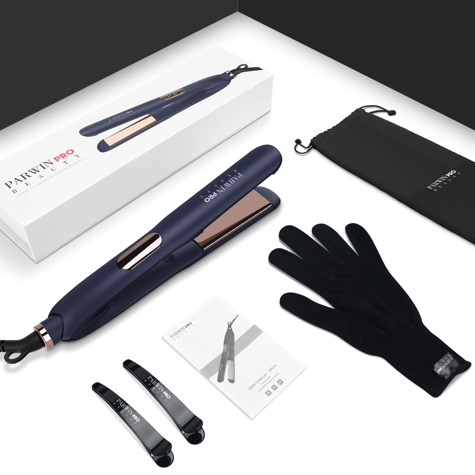 2 in 1 Glätteisen Locken und Ionen Glätten PARWIN PRO BEAUTY Haarglätter | Nano-Titan-Beschichtung Glätteisen Breit Seidige Heizplatte, mit LCD Display, 130℃-230℃, Blau