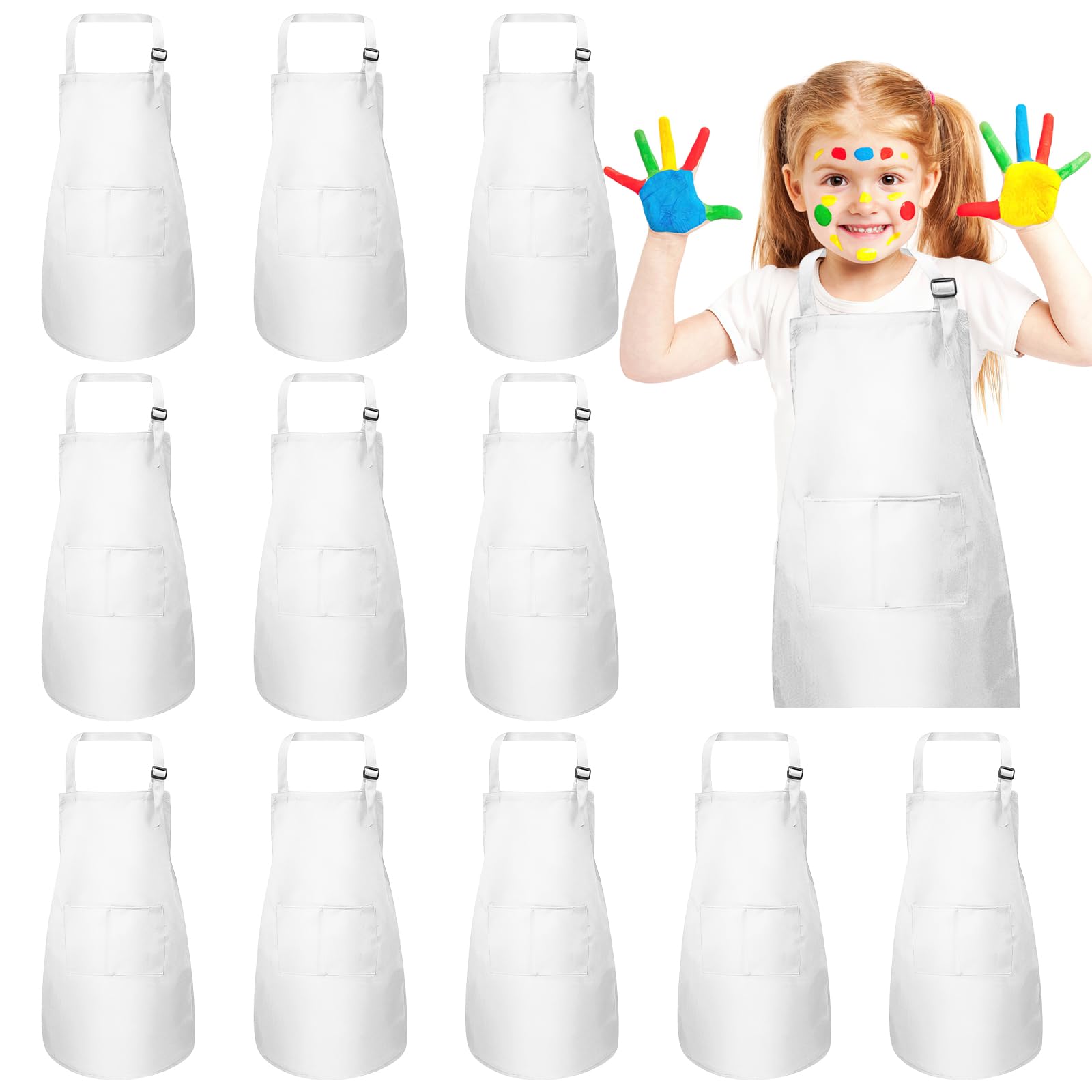 Xaztr Delantal blanco para niños, 12 delantales de cocina con 2 bolsillos, juego de delantales de cocina ajustables para niños, delantal para hornear a granel para niños y niñas, para pintar y cocinar