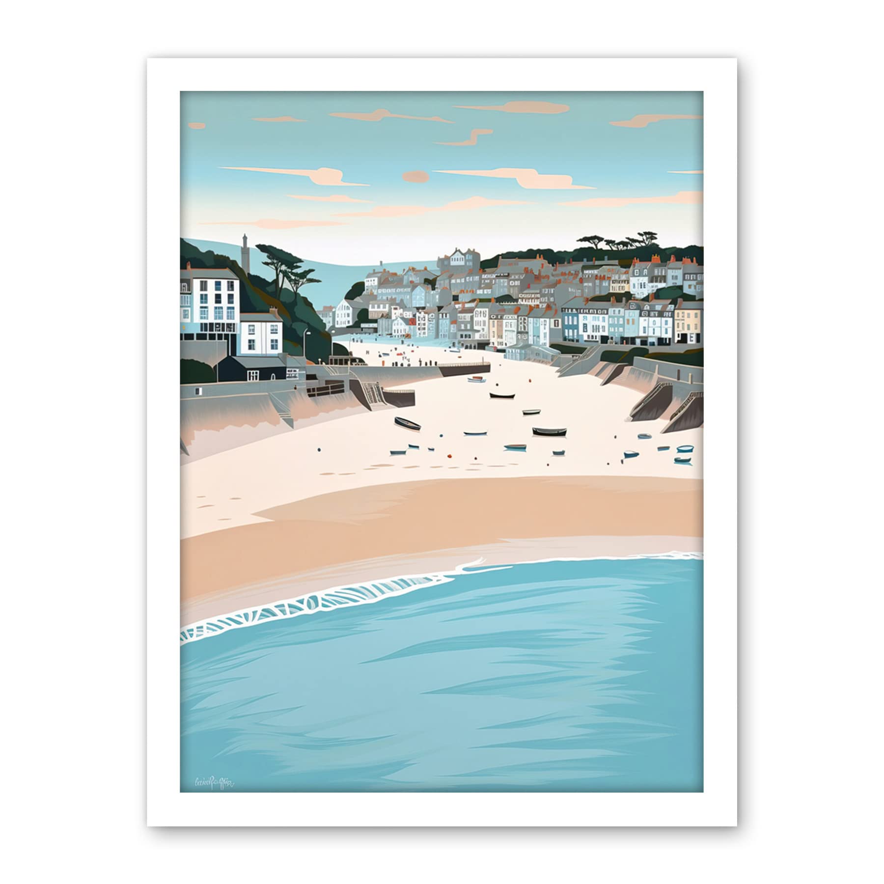 Artery8 St Ives Bay Summer Pastel Colour Coastal Cityscape Artwork Framed Wall Art Print 18X24 Inch