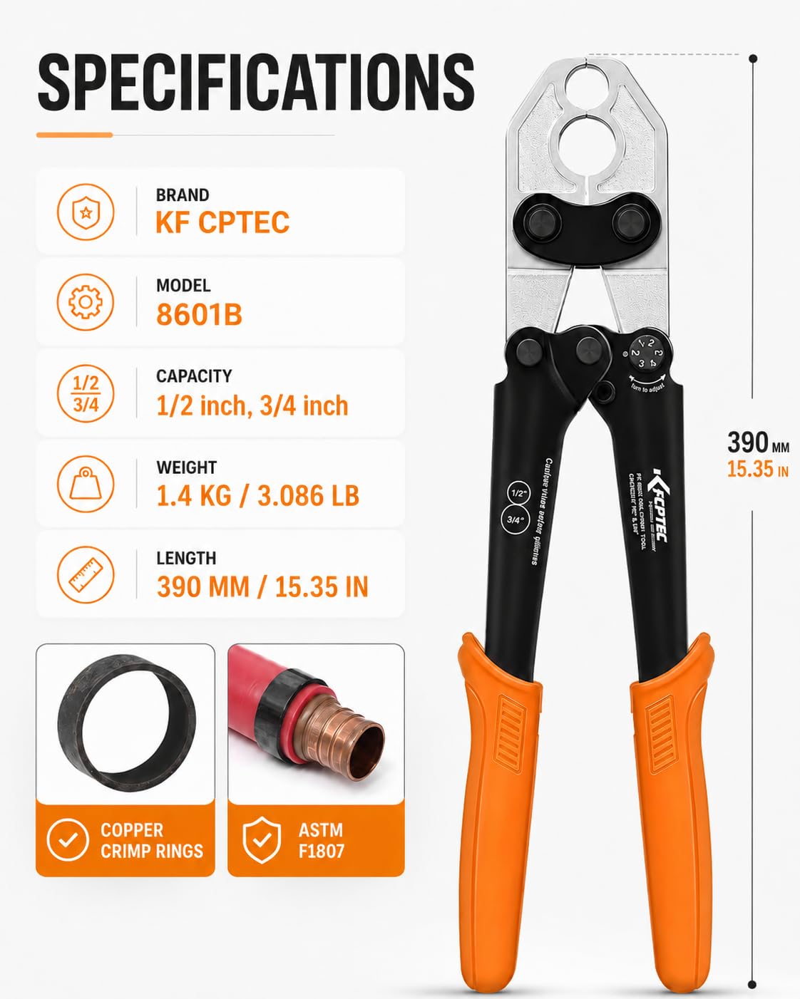 KF CPTEC PEX - Herramienta de crimpado para PEX-B, crimpadora de tubos de acero forjado resistente con cortador de tubos, para anillos de crimpado de cobre de 1/2 pulgada y 3/4 pulgadas, incluye