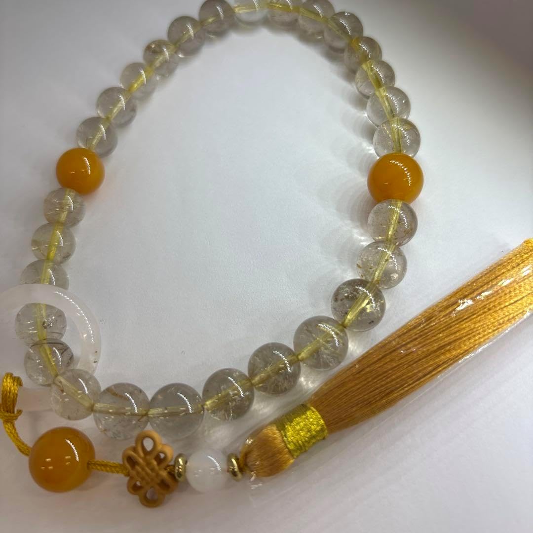 クリスタルルチル 100%天然石 数珠 透明 黄色 黄メノウ