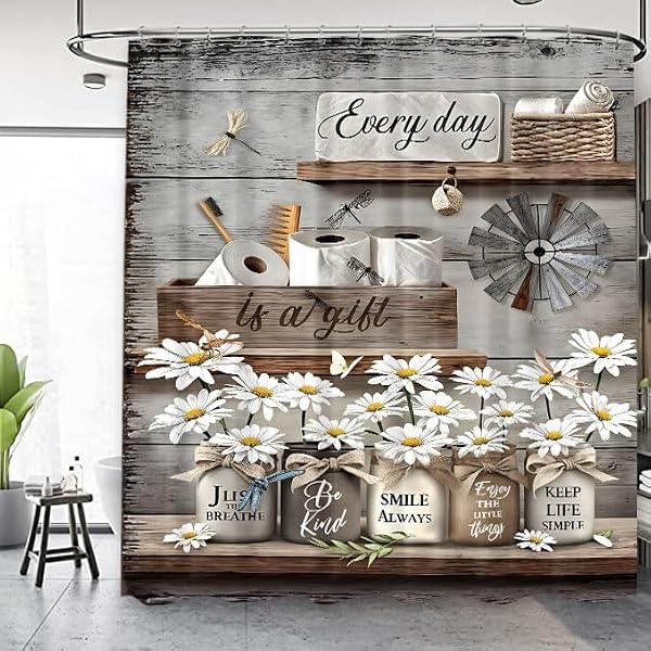 Famiffty Rustic Daisy Vintage Country Flower Shower Curtain 60Wx72L Inch Farmhouse Butterfly Brown Floral Wooden Plank Inspirational Cottage Style Bathroom Decor Waterproof Fabric 12 Plastic Hooks by Famiffty - Used condition - Image 8