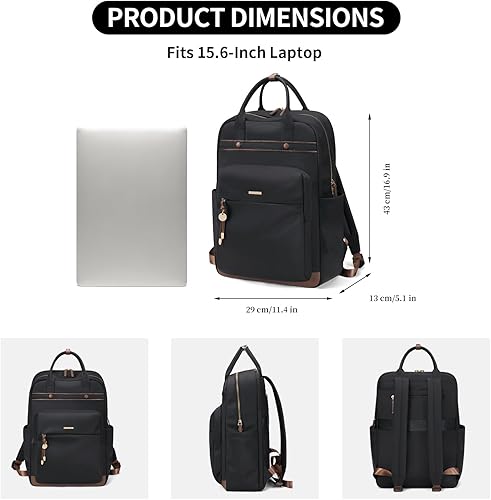 Miniatura 4 de Mochila para laptop de viaje, casual, para mujer, bolsa de computadora de negocios, compatible con cuaderno de 15.6 pulgadas, Negro clásico,