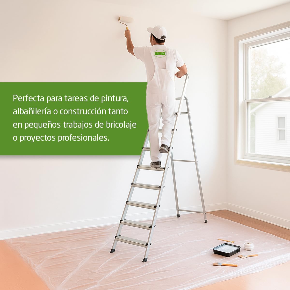Amig - Escalera Plegable con 8 peldaños - Aluminio - Peldaños Pequeños: 28x8 cm - Peldaño Grande: 25x25x28 cm - Uso Doméstico - Carga Máxima 150 kg