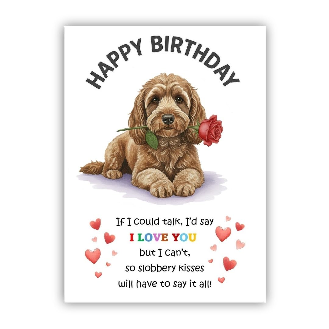 Dog Birthday Card – Cute Puppy with Rose – Birthday Card from the dog to the owner, Mum, Dad, Mummy, Daddy, Mother, Father (• Cockapoo brown– Cockerpoo)