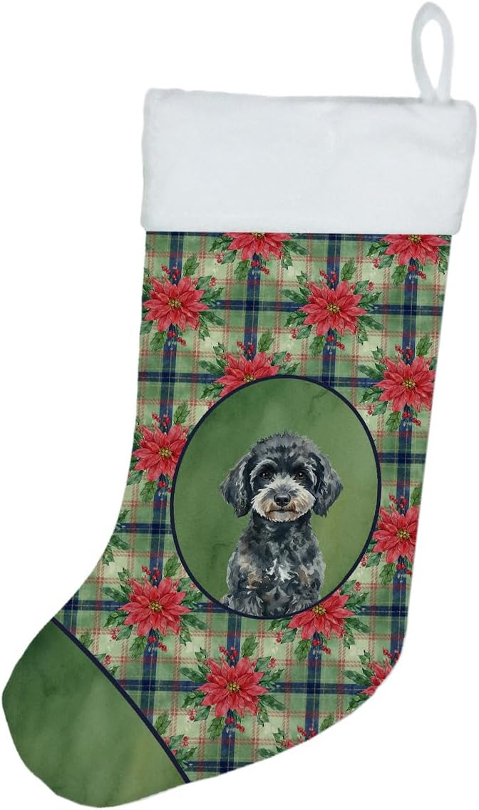 Caroline's Treasures Miniature Black Poodle Christmas Poinsettas Holiday Stocking Double-Sided Print, Polyester Suede,11x18, Made in USA