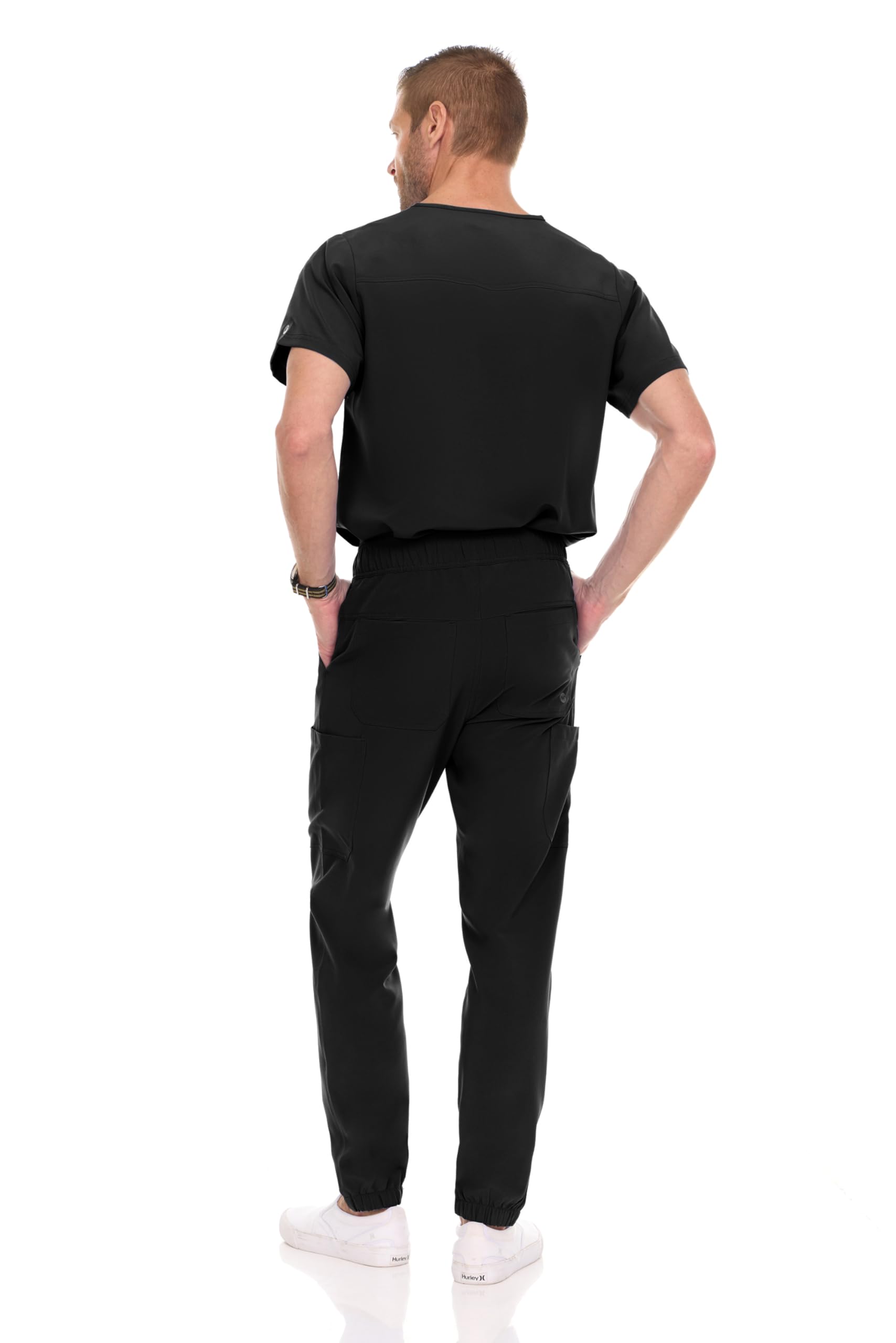 MediChic Men Scrubs Set - Stretch V-Neck Scrub Top with 7-Pocket Pants, Anti-Wrinkle, Yoga Waistband Workwear Scrubs for Men (Black, M)