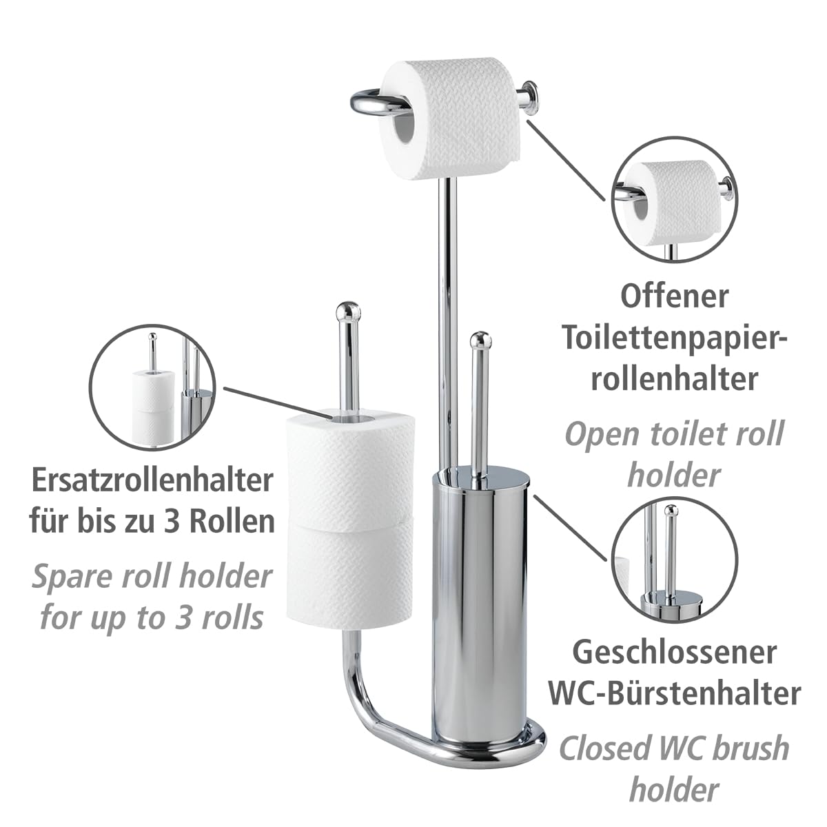 WENKO Set per WC con scopino Universalo cromo e portarotolo di riserva, accessori bagno completo, set da toilette