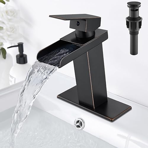 Miniatura 1 de Midanya Grifo de baño de cascada de bronce aceitado con 1 agujero, grifo de lavabo de una sola manija, boquilla de boca ancha con drenaje